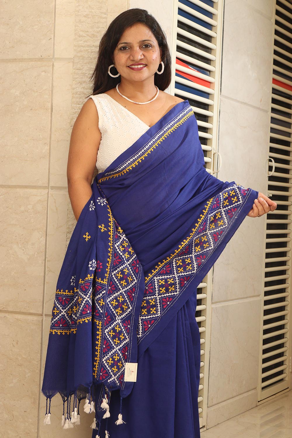 Blue Hand Embroidered Gujrati Kantha Cotton Saree - Luxurion World