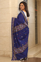 Blue Hand Embroidered Gujrati Kantha Cotton Saree - Luxurion World