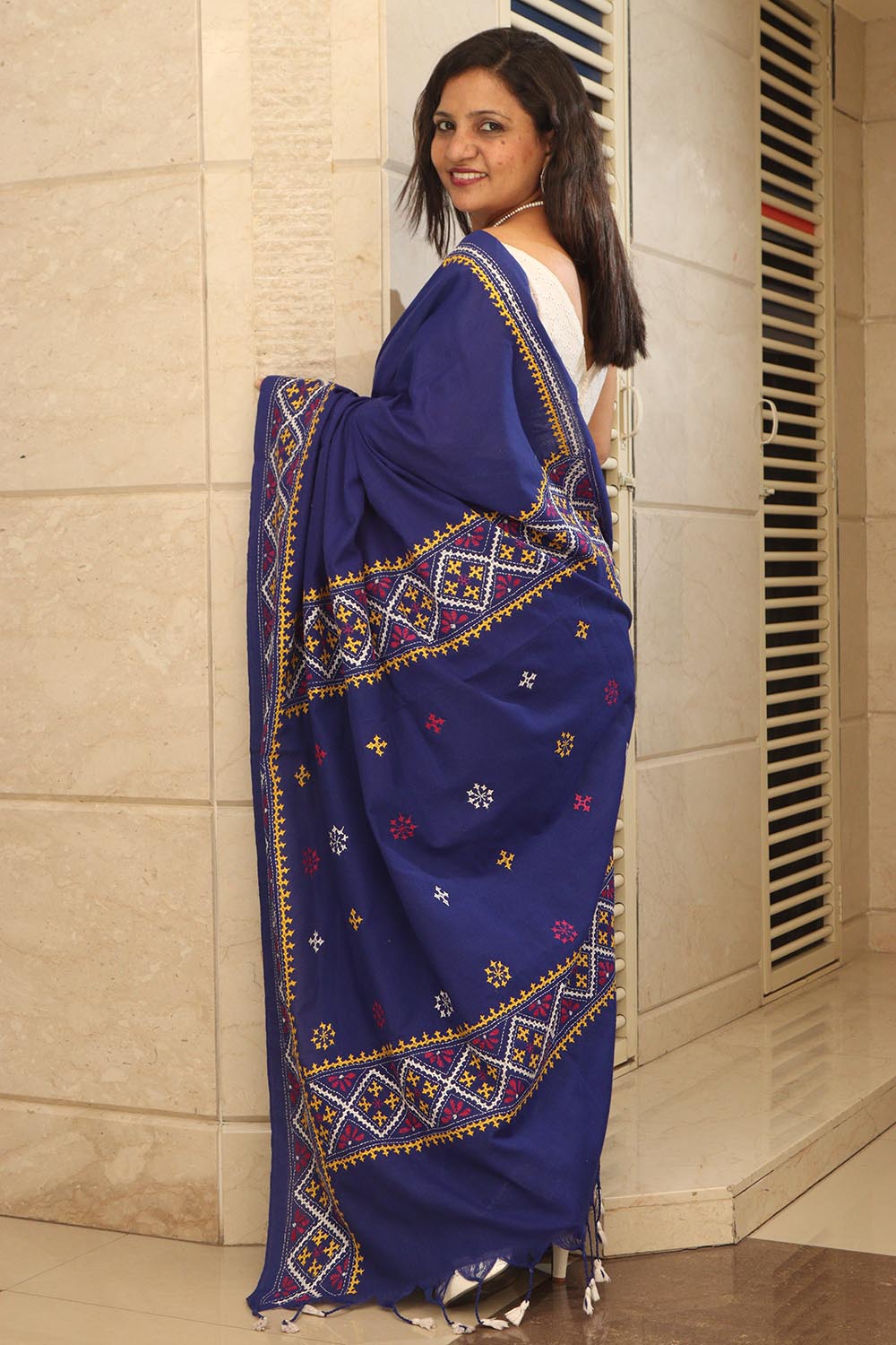 Blue Hand Embroidered Gujrati Kantha Cotton Saree - Luxurion World