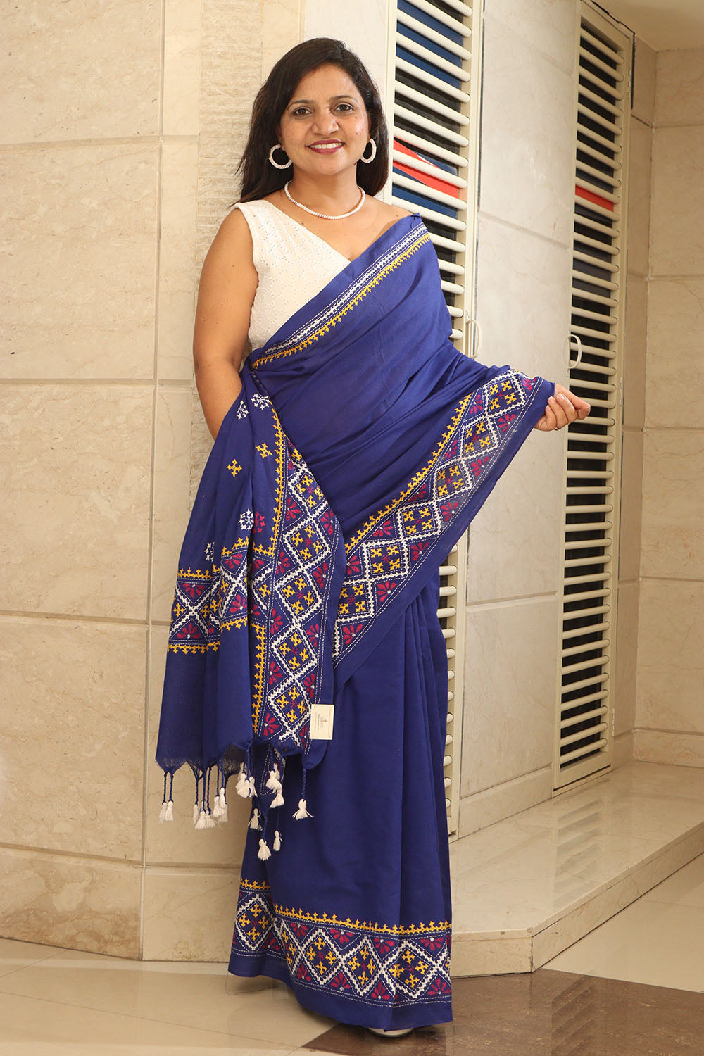 Blue Hand Embroidered Gujrati Kantha Cotton Saree - Luxurion World