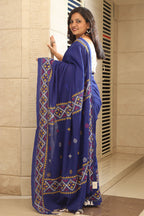 Blue Hand Embroidered Gujrati Kantha Cotton Saree - Luxurion World