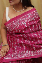 Exquisite Pink Kantha Work Tussar Silk Saree - Luxurion World