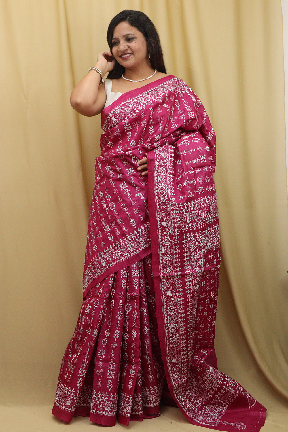 Exquisite Pink Kantha Work Tussar Silk Saree - Luxurion World