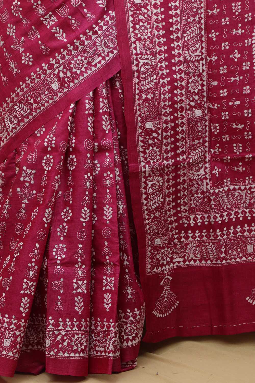 Exquisite Pink Kantha Work Tussar Silk Saree - Luxurion World