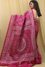 Exquisite Pink Kantha Work Tussar Silk Saree - Luxurion World