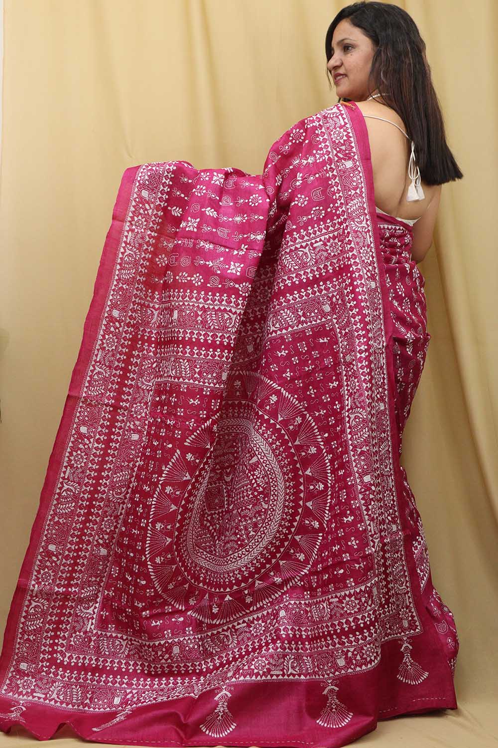 Exquisite Pink Kantha Work Tussar Silk Saree - Luxurion World