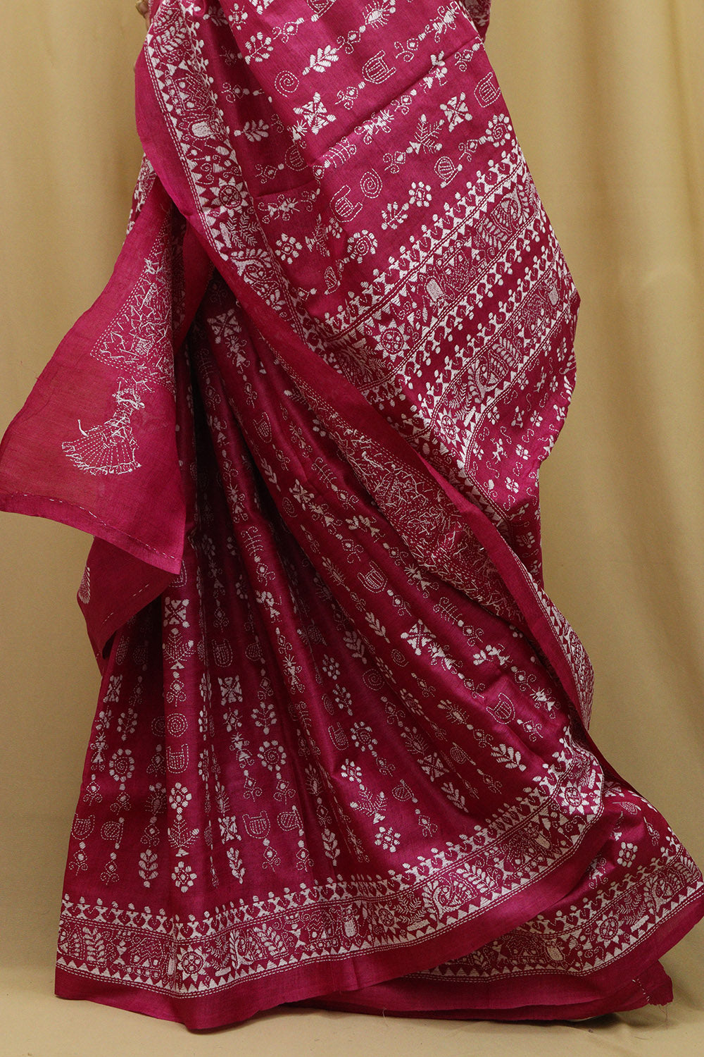 Exquisite Pink Kantha Work Tussar Silk Saree - Luxurion World