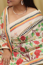 Pastel Kantha Hand Embroidered Tussar Silk Saree - Luxurion World