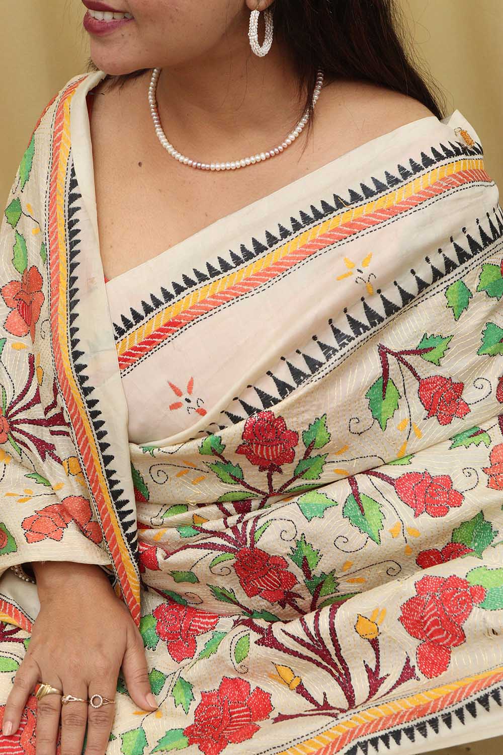 Pastel Kantha Hand Embroidered Tussar Silk Saree - Luxurion World