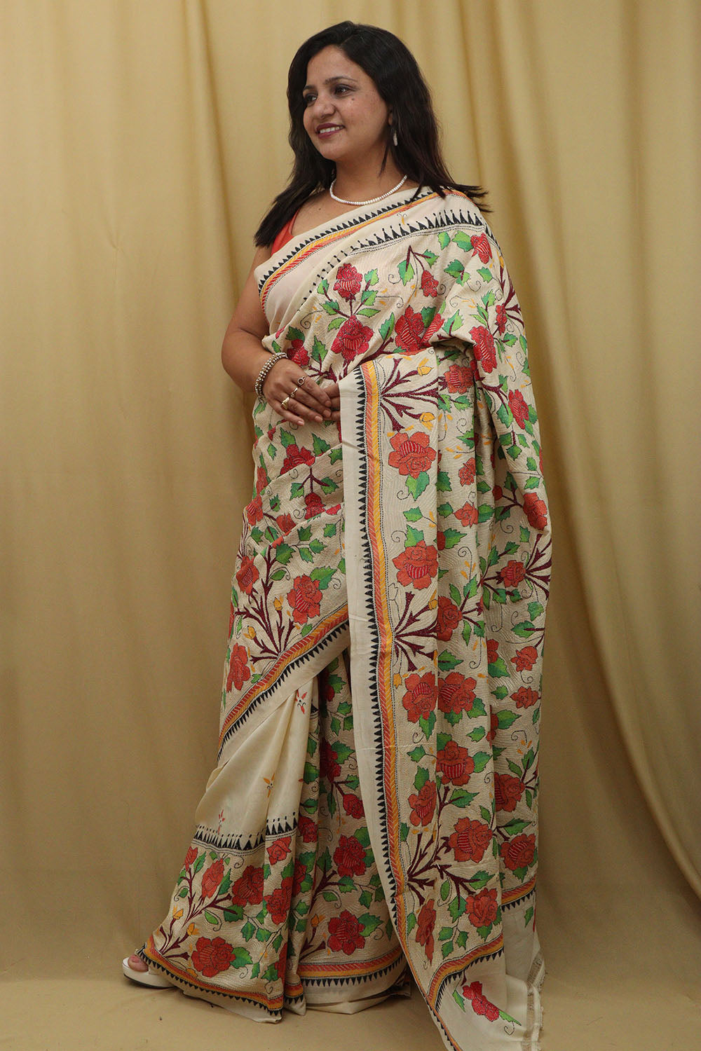 Pastel Kantha Hand Embroidered Tussar Silk Saree - Luxurion World