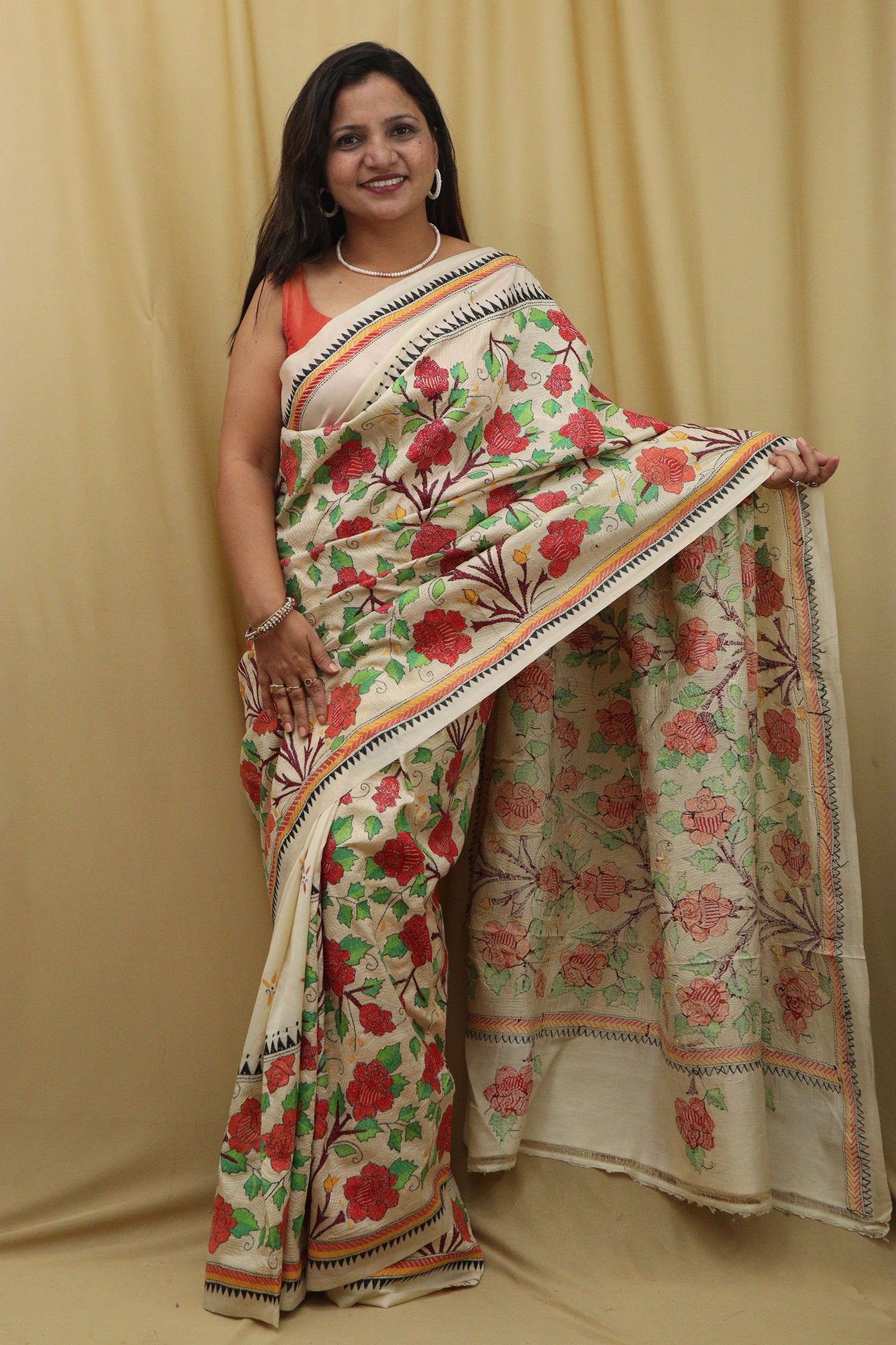 Pastel Kantha Hand Embroidered Tussar Silk Saree - Luxurion World