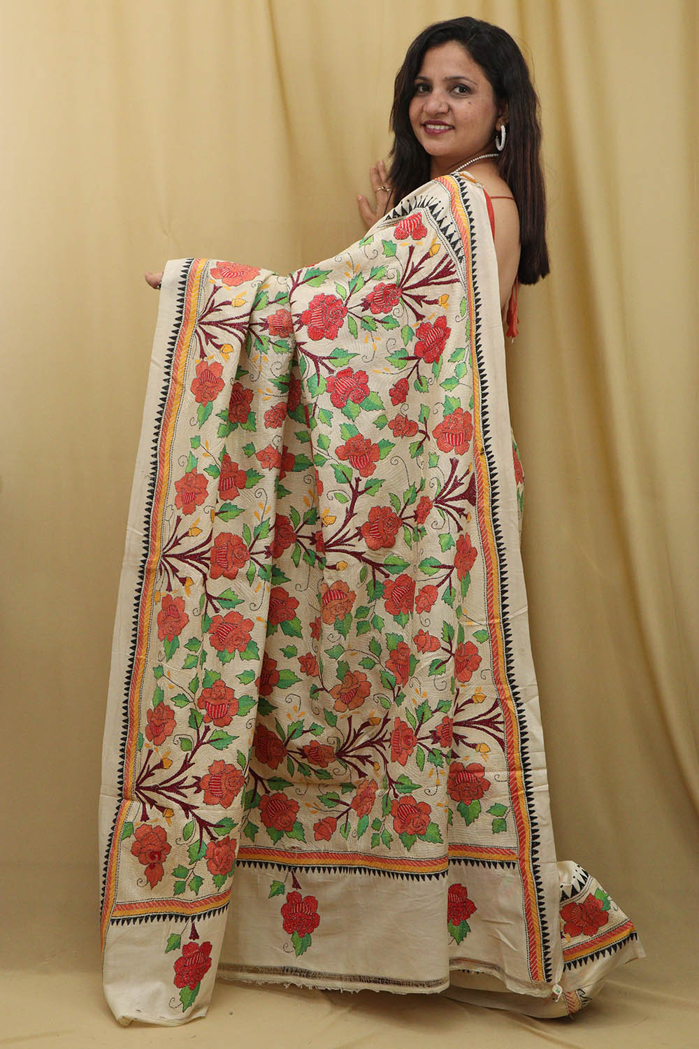Pastel Kantha Hand Embroidered Tussar Silk Saree - Luxurion World