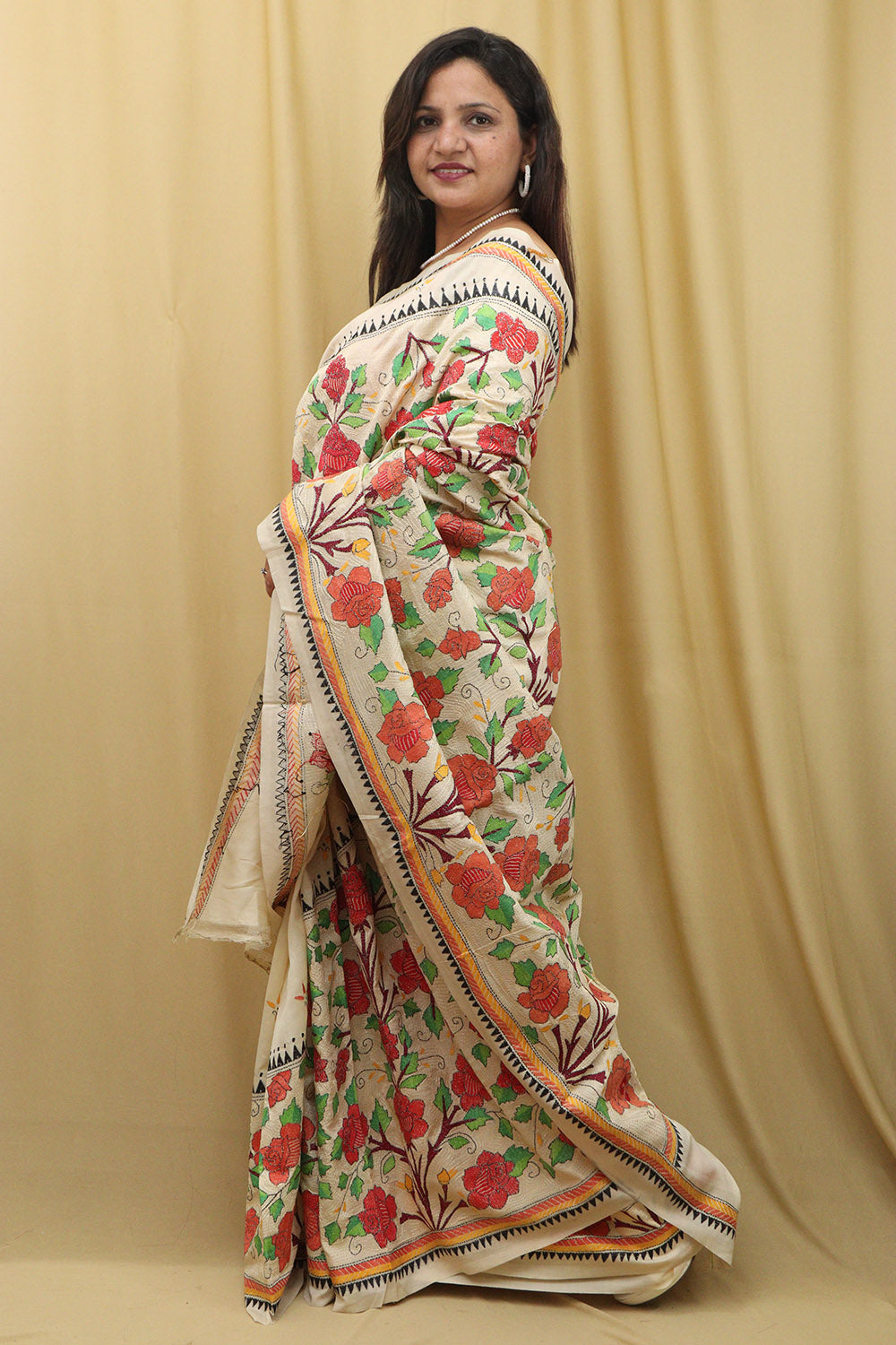 Pastel Kantha Hand Embroidered Tussar Silk Saree - Luxurion World