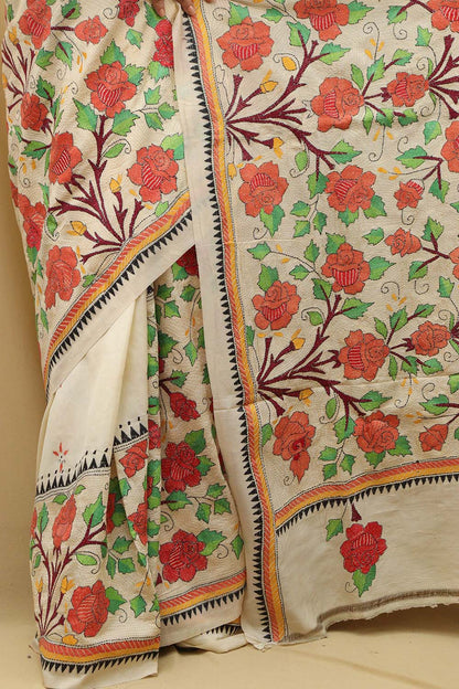 Pastel Kantha Hand Embroidered Tussar Silk Saree - Luxurion World