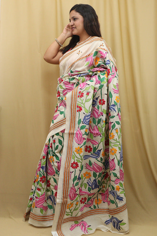 Pastel Kantha Hand Embroidered Tussar Silk Saree - Luxurion World