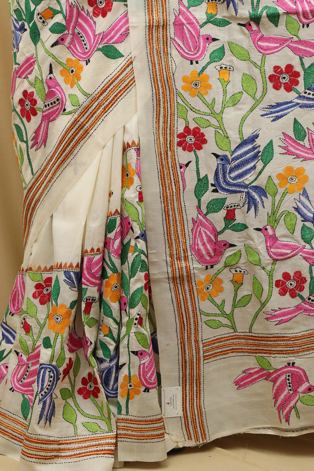 Pastel Kantha Hand Embroidered Tussar Silk Saree - Luxurion World