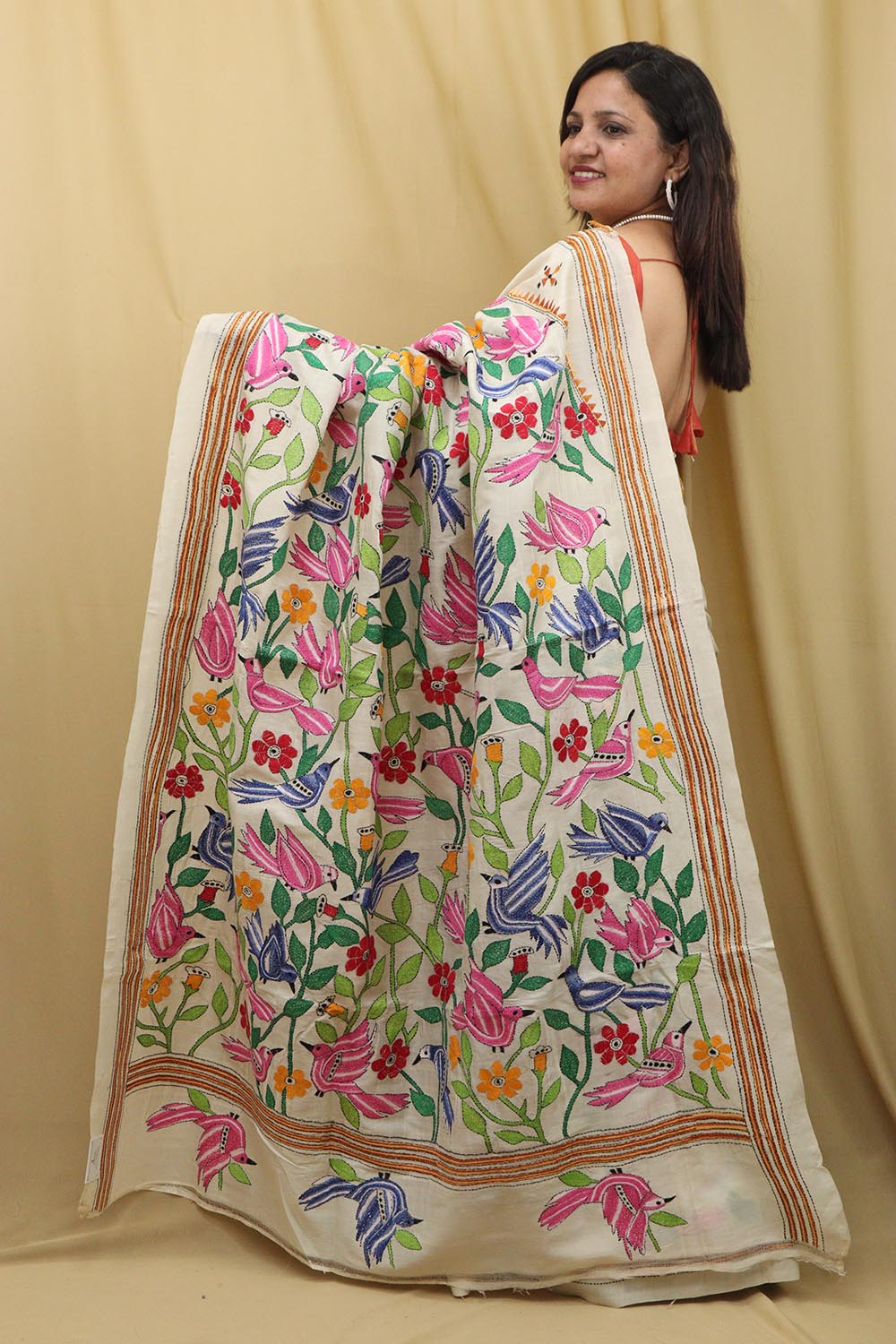 Pastel Kantha Hand Embroidered Tussar Silk Saree - Luxurion World