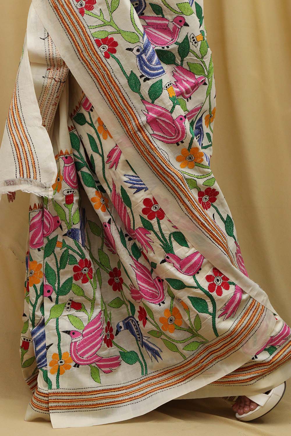 Pastel Kantha Hand Embroidered Tussar Silk Saree - Luxurion World