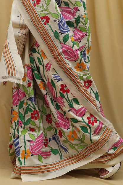 Pastel Kantha Hand Embroidered Tussar Silk Saree - Luxurion World