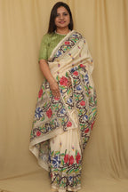 Exquisite Off White Kantha Silk Saree with Hand Embroidery - Luxurion World