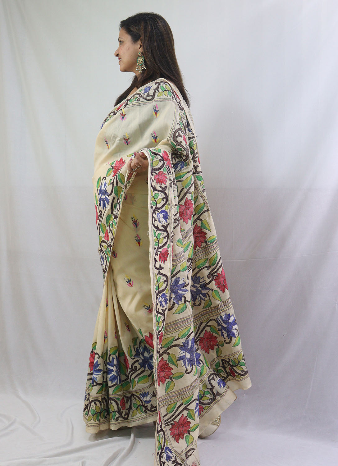 Exquisite Off White Kantha Silk Saree with Hand Embroidery