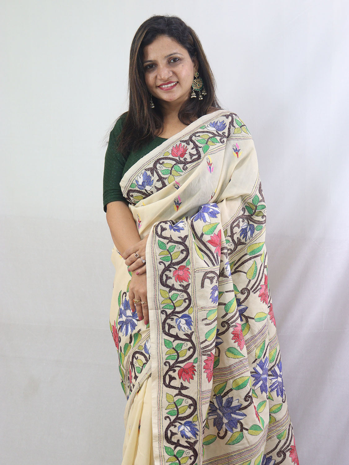 Exquisite Off White Kantha Silk Saree with Hand Embroidery
