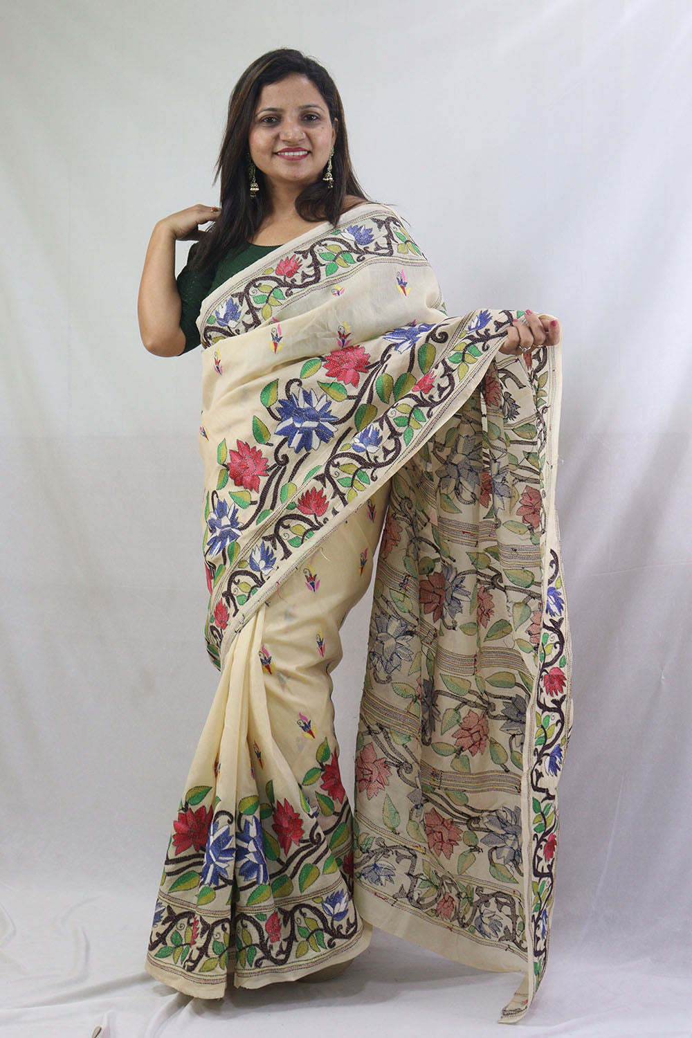 Stunning Hand-Embroidered Off White Kantha Silk Saree