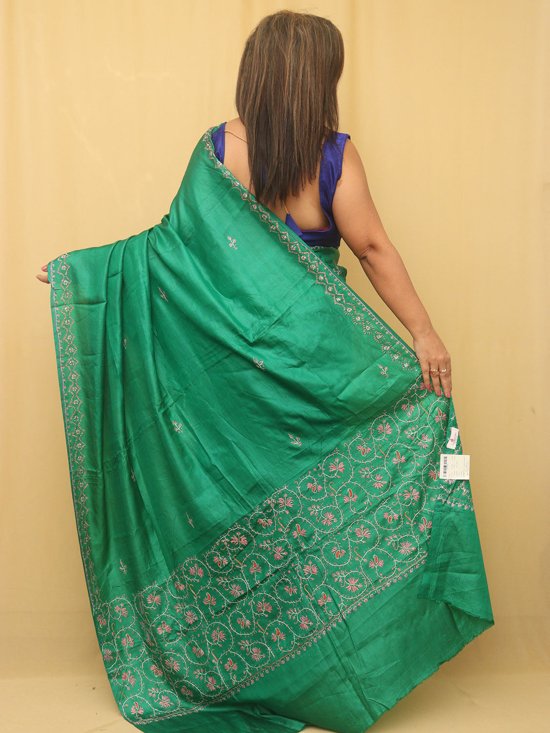 Stunning Green Sozni Work Kashmiri Silk Saree with Embroidery