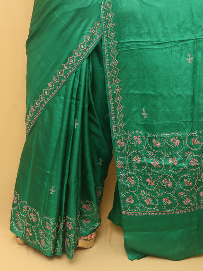 Stunning Green Sozni Work Kashmiri Silk Saree with Embroidery