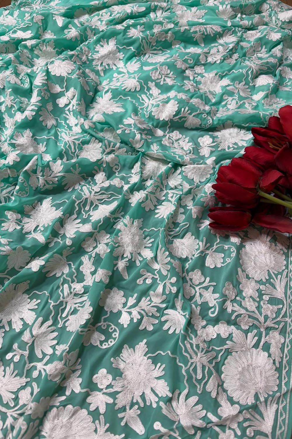 Elegant Sea Green Embroidered Kashmiri Crepe Aari Work Saree - Luxurion World