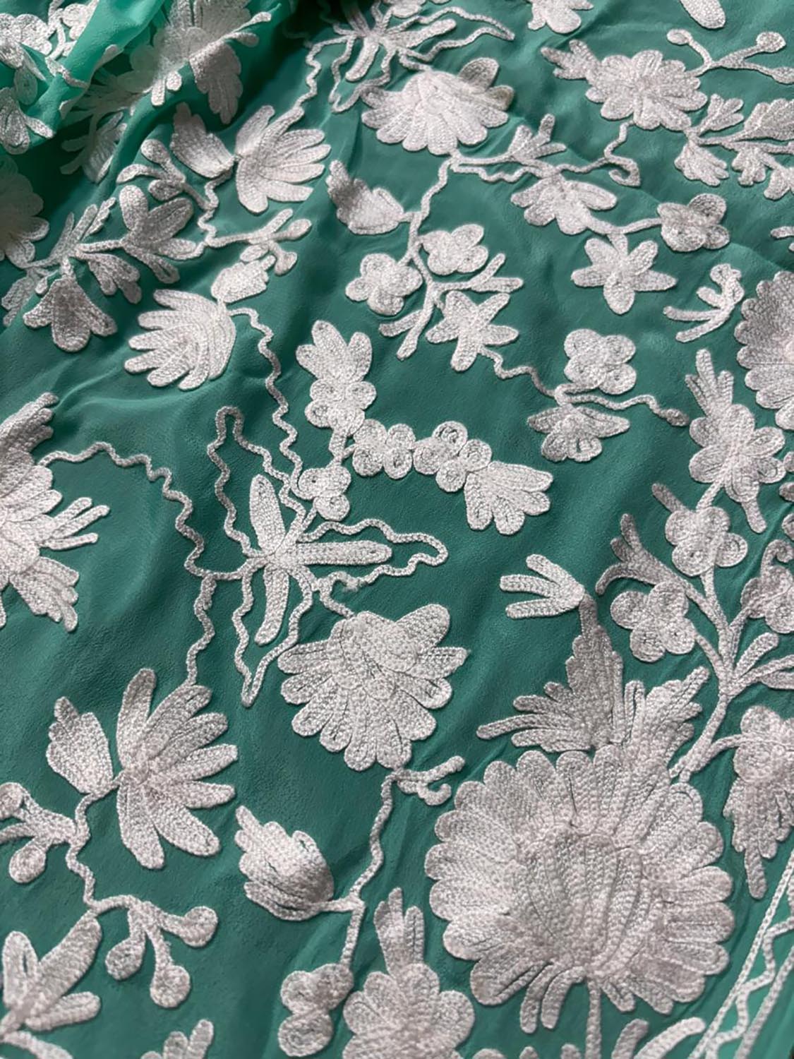 Elegant Sea Green Embroidered Kashmiri Crepe Aari Work Saree - Luxurion World