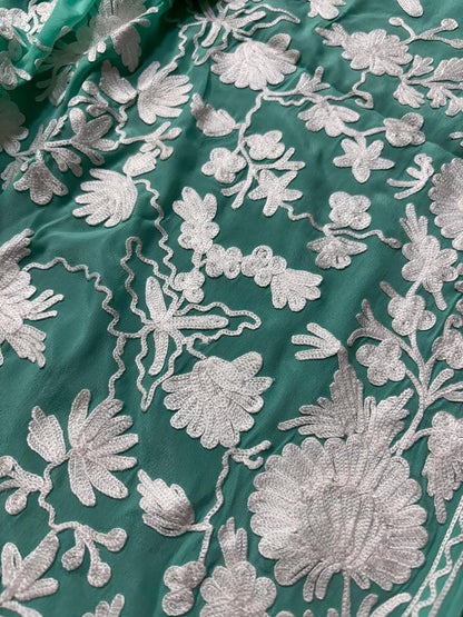Elegant Sea Green Embroidered Kashmiri Crepe Aari Work Saree - Luxurion World