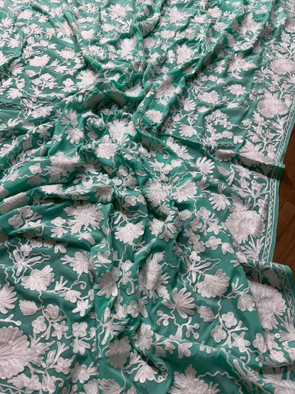 Elegant Sea Green Embroidered Kashmiri Crepe Aari Work Saree - Luxurion World