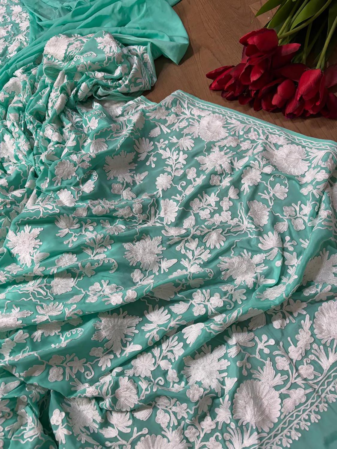 Elegant Sea Green Embroidered Kashmiri Crepe Aari Work Saree - Luxurion World