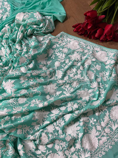 Elegant Sea Green Embroidered Kashmiri Crepe Aari Work Saree - Luxurion World
