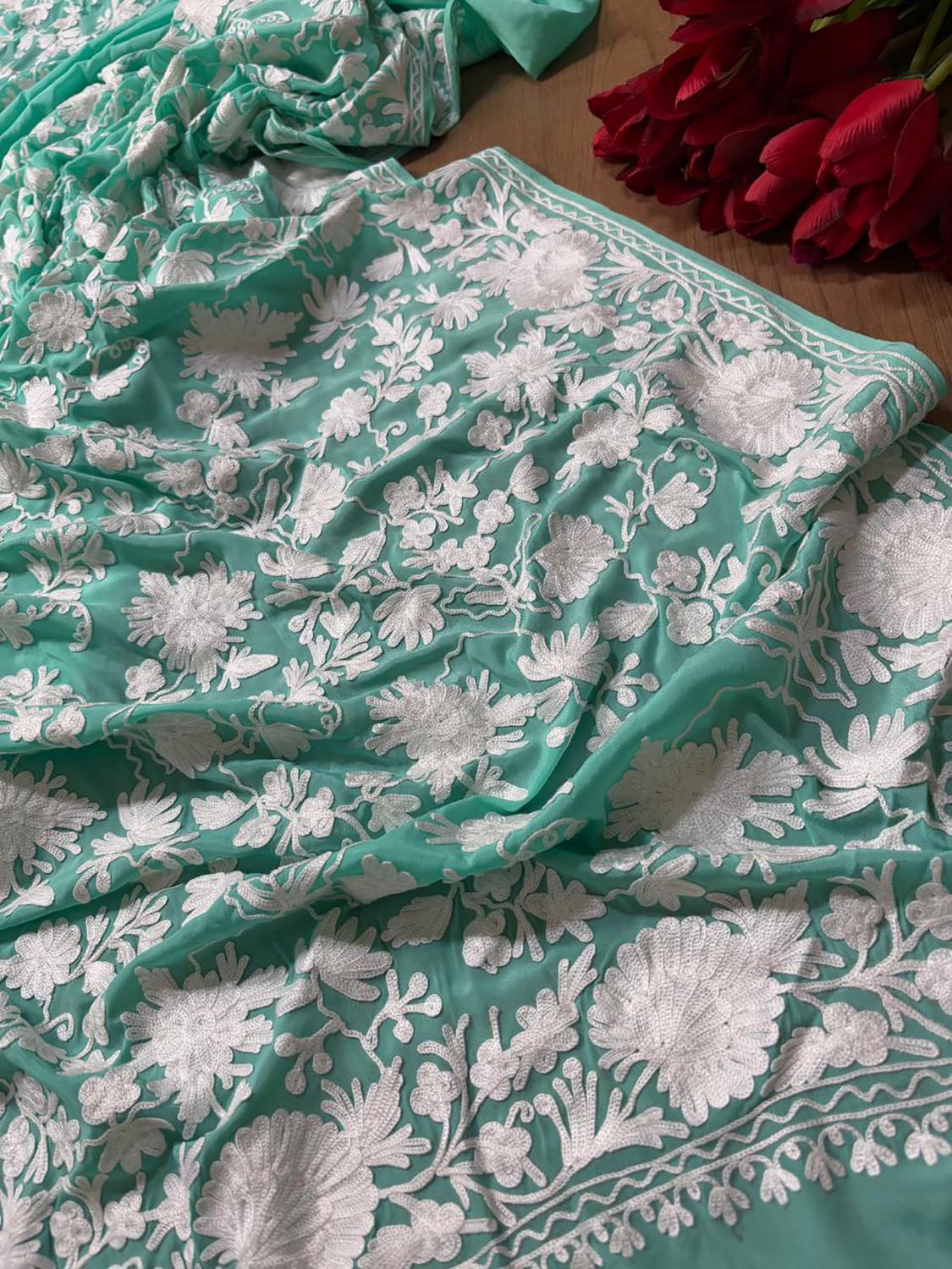 Elegant Sea Green Embroidered Kashmiri Crepe Aari Work Saree - Luxurion World