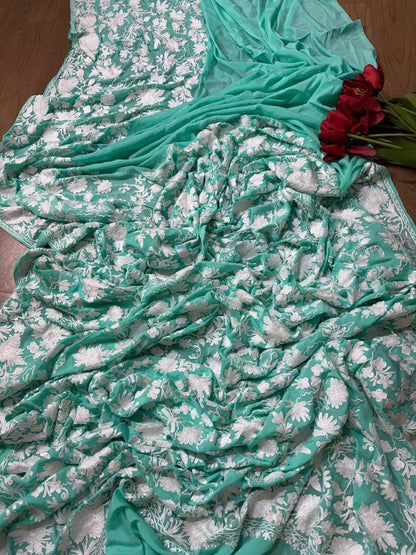 Elegant Sea Green Embroidered Kashmiri Crepe Aari Work Saree - Luxurion World
