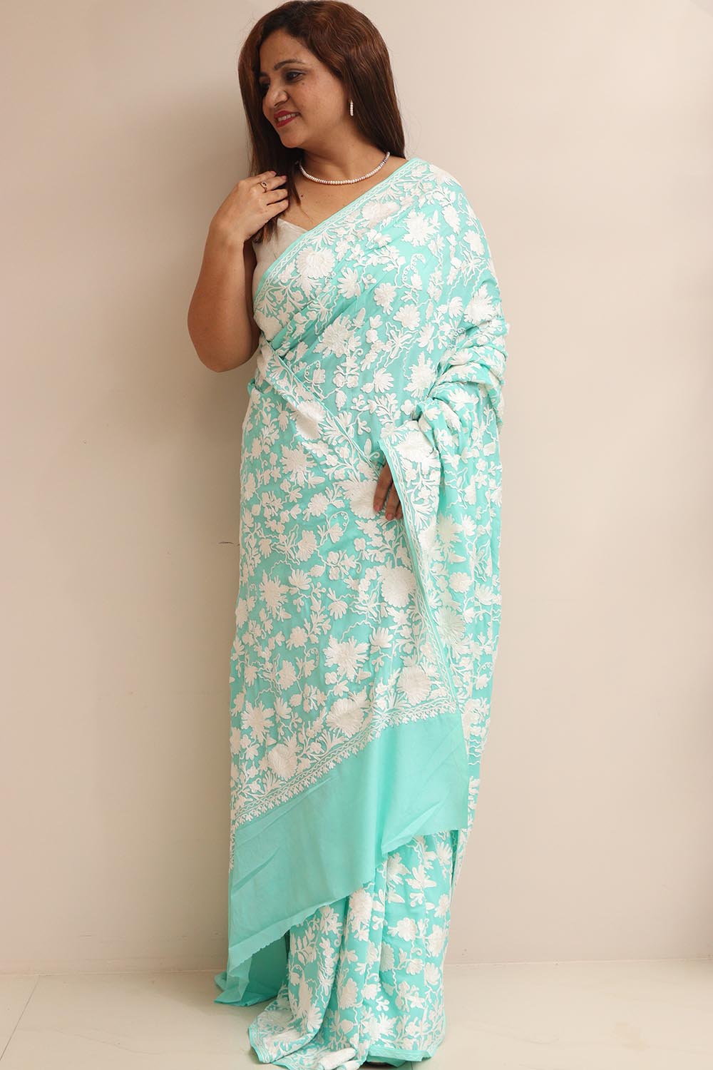 Elegant Sea Green Embroidered Kashmiri Crepe Aari Work Saree - Luxurion World