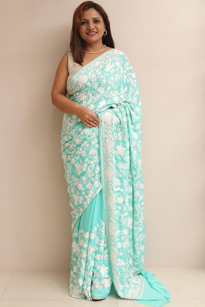 Elegant Sea Green Embroidered Kashmiri Crepe Aari Work Saree - Luxurion World