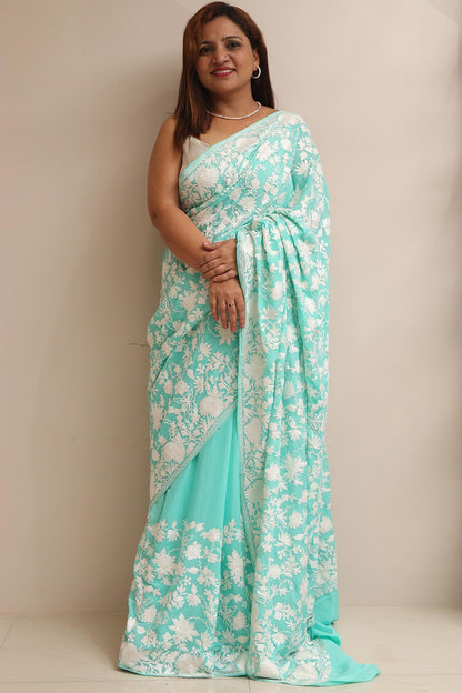 Elegant Sea Green Embroidered Kashmiri Crepe Aari Work Saree - Luxurion World