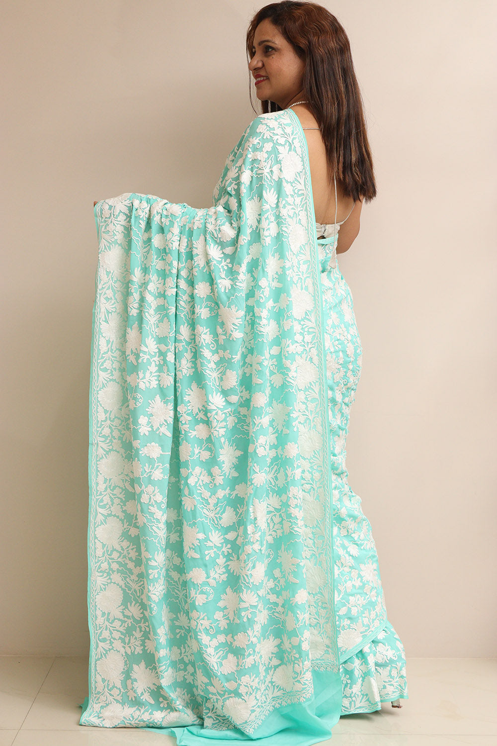 Elegant Sea Green Embroidered Kashmiri Crepe Aari Work Saree - Luxurion World