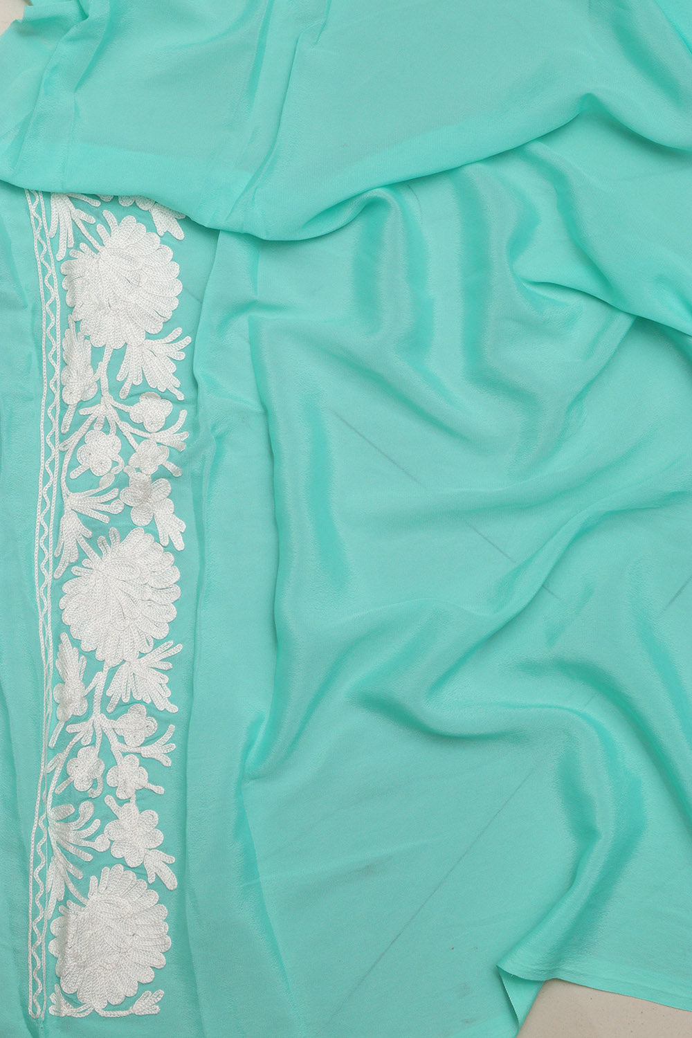 Elegant Sea Green Embroidered Kashmiri Crepe Aari Work Saree - Luxurion World