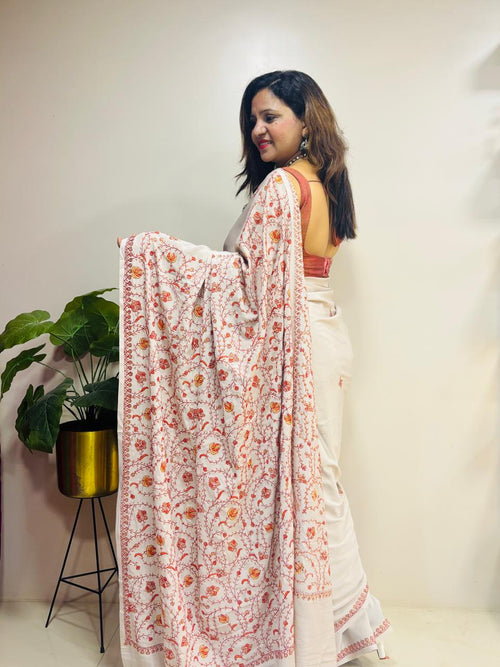 Pastel Kashmiri Sozni Crepe Saree—Fine Needle Embroidery, Festive & Wedding