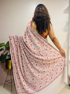 Pastel Kashmiri Sozni Crepe Saree—Fine Needle Embroidery, Festive & Wedding