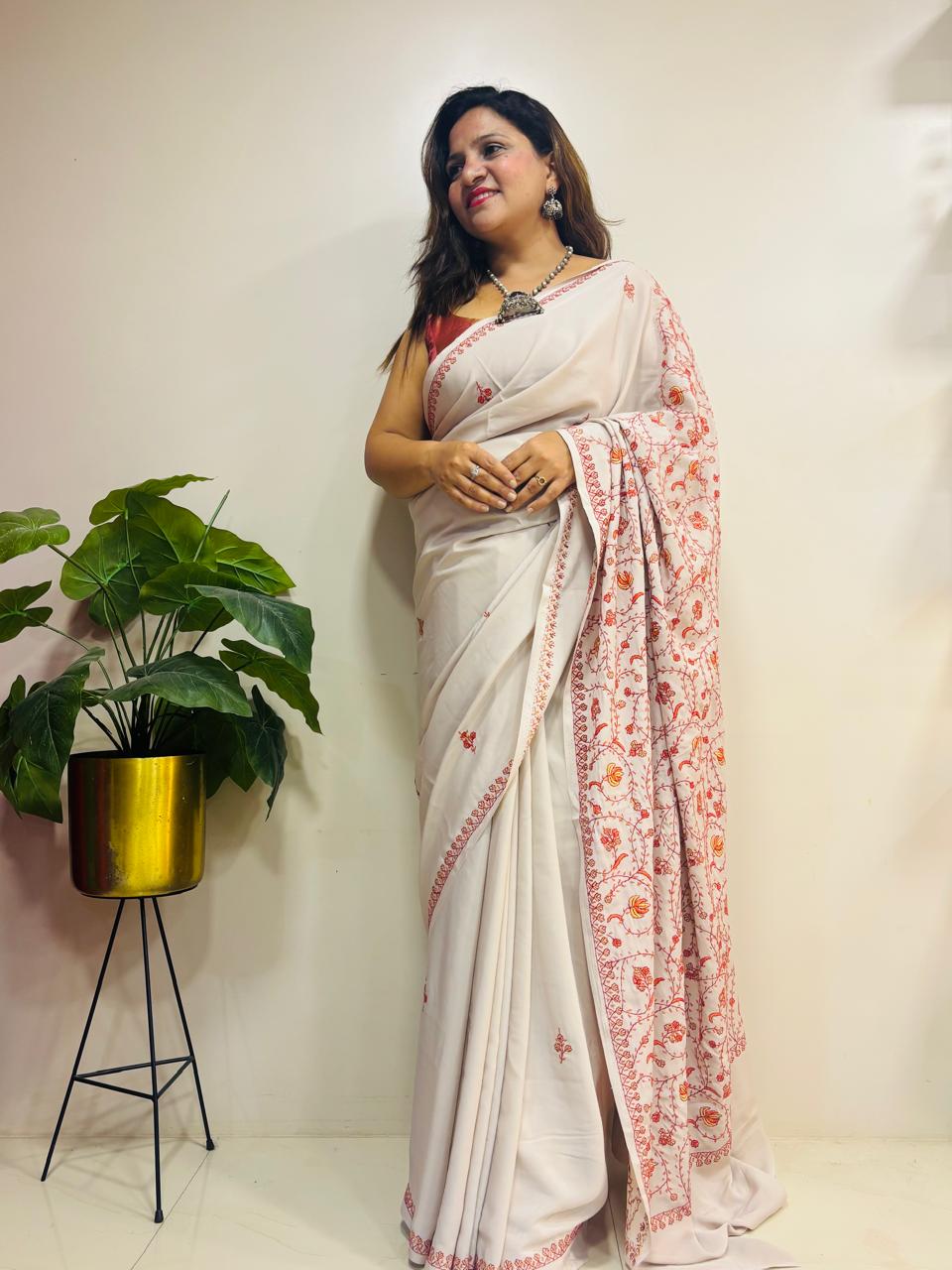 Pastel Kashmiri Sozni Crepe Saree—Fine Needle Embroidery, Festive & Wedding