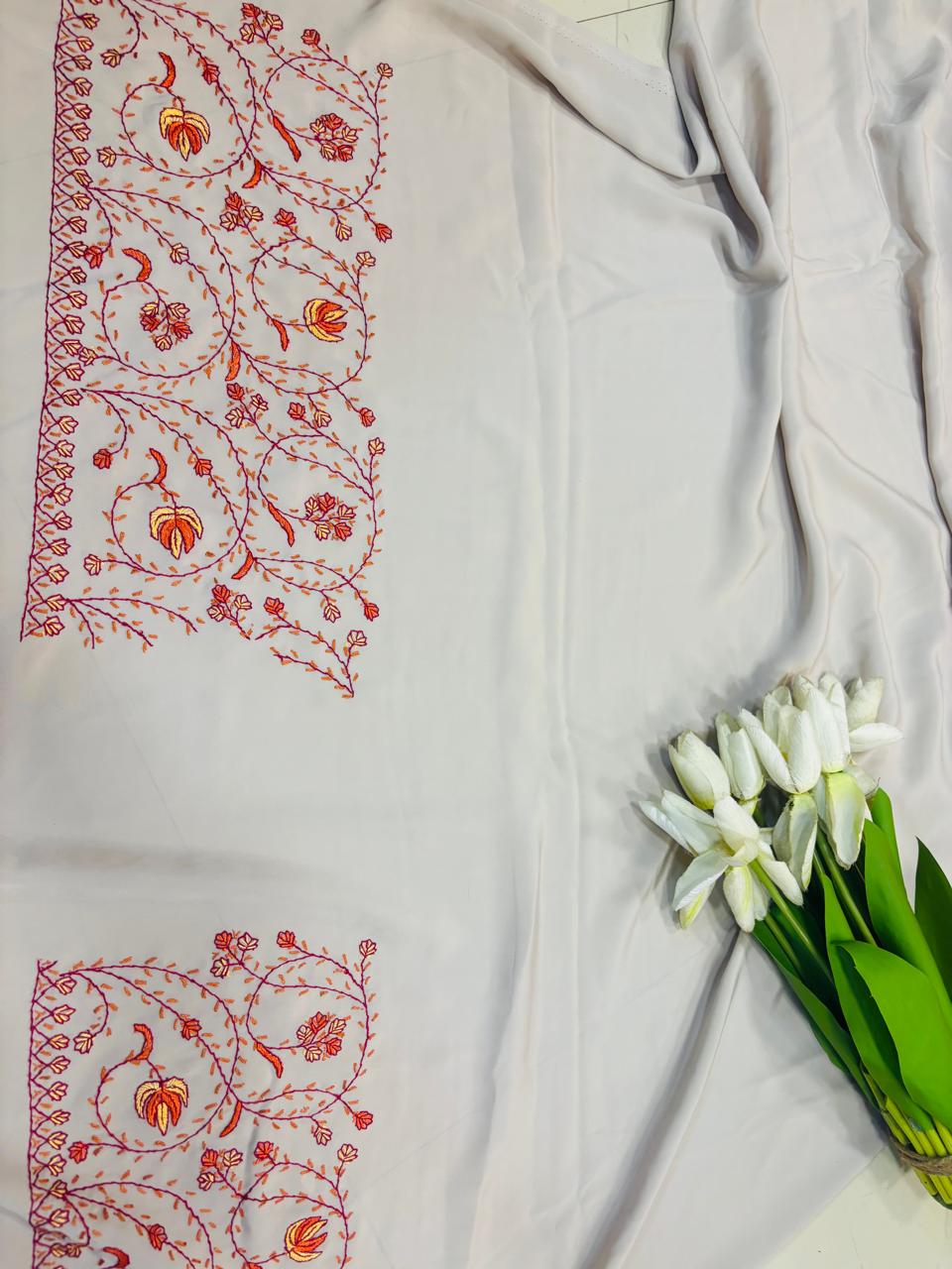 Pastel Kashmiri Sozni Crepe Saree—Fine Needle Embroidery, Festive & Wedding