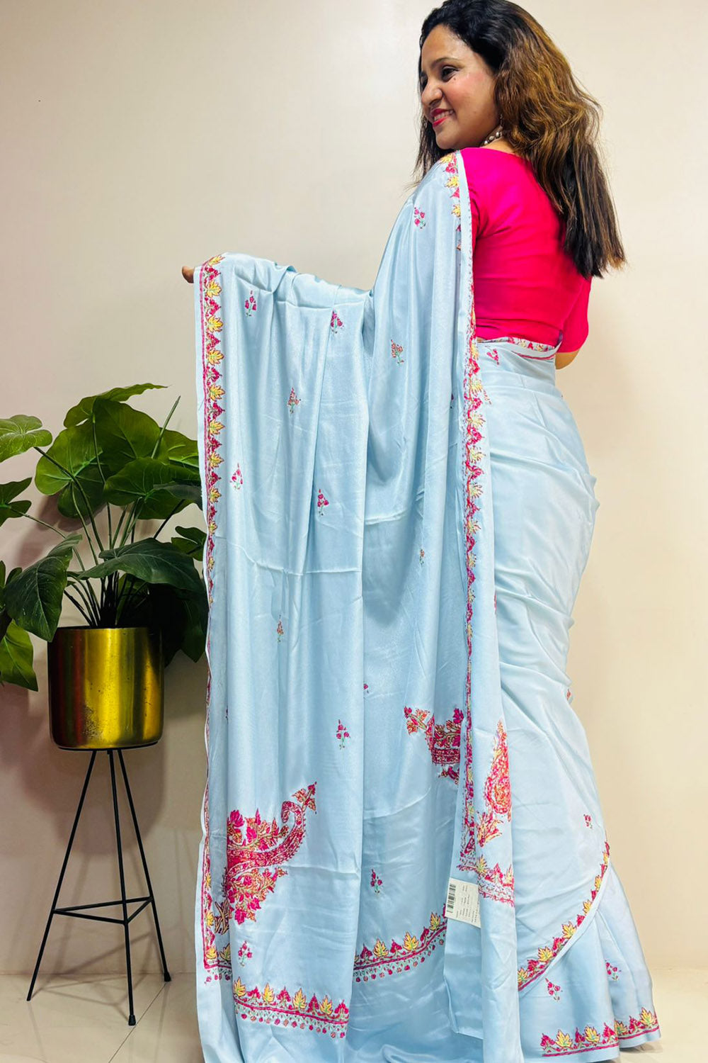 Blue Kashmiri Sozni Crepe Saree—Floral Jaal Embroidery, Festive & Wedding