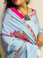 Blue Kashmiri Sozni Crepe Saree—Floral Jaal Embroidery, Festive & Wedding