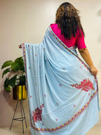 Blue Kashmiri Sozni Crepe Saree—Floral Jaal Embroidery, Festive & Wedding
