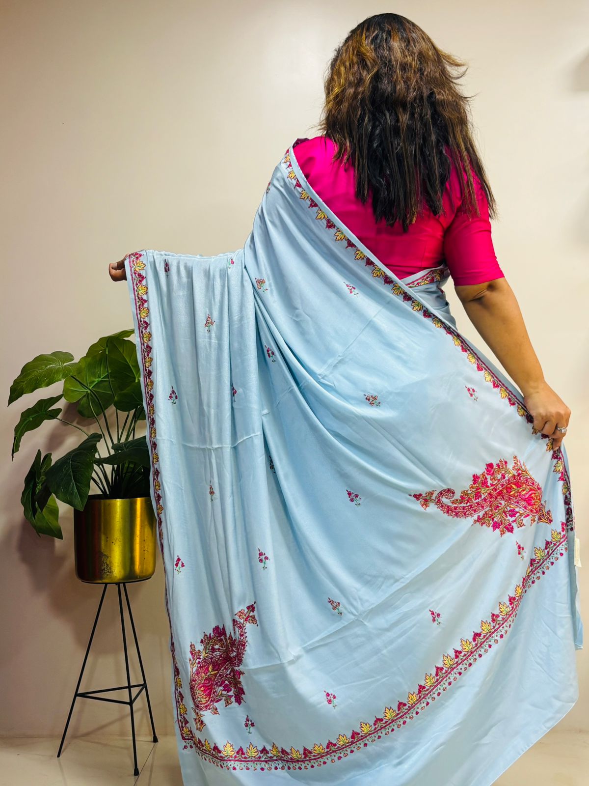 Blue Kashmiri Sozni Crepe Saree—Floral Jaal Embroidery, Festive & Wedding